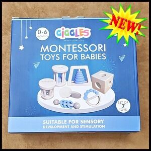 Wooden Baby Rattle Set 7 Pc Montessori Teething Toy Infant 0-6 Mo Blue Boy